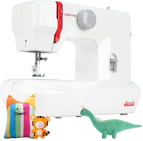 VERITAS Kinder-Nähmaschine Janis I mit Fuß-Pedal I Einfädelhilfe & Fadenabschneider I 9 Stiche I LED-Nählicht I Zierstiche & Stretch-Stiche I Kleine Nähmaschine für Anfänger (weiß-rot)