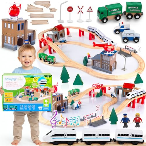 Green series Holzeisenbahn Set für Kinder - Eisenbahn Holz | Spielzeug Zug | Polizeistation, Autobahn und Bahnset mit Brücke, 80 Teilen, 378 cm lang | Holz Eisenbahnen | Holzzug | Modell GS0010