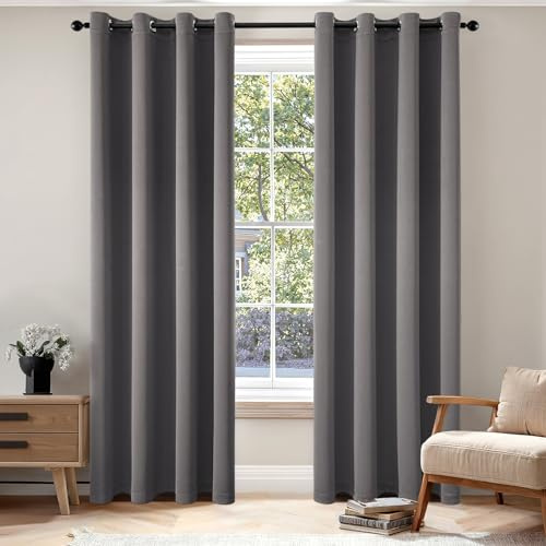 EMEMA Verdunklungsvorhänge mit Ösen 2er 140x225cm Grau Blickdicht Gardinen | Blickdicht Vorhänge mit Ösen 225CM Lang bdunkelnde Thermovorhang für Wohnzimmer Schlafzimmer Ösenvorhänge H225xB140CM
