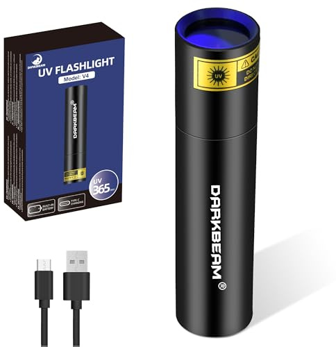DARKBEAM UV 365nm Taschenlampe Schwarzlicht Aufladbar USB, Mini Ultraviolett LED Licht Woodsche Lampe, Schwarzlichttaschenlampen Detektor für Haustierurin, Uranglas, Steine, Aushärtungsharz, V4