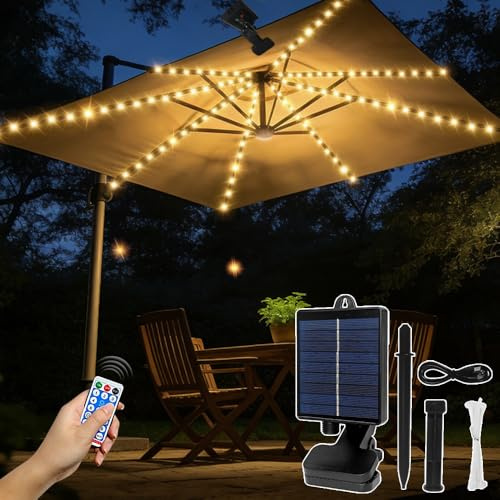 HuaMuDM Solar LED Sonnenschirm Lichter,Sonnenschirm Lichterkette,104 LEDs,Sonnenschirmbeleuchtung, Beleuchtung Solar,Wasserfest,8 Modus,Dekoration,Camping,Zelt,Außen