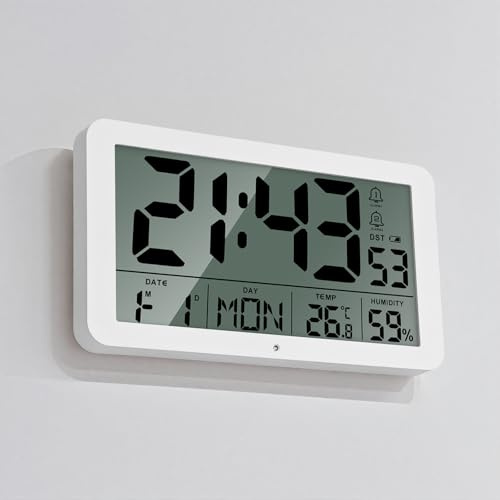 Seutgjie Digitale Wanduhr Groß 9 Zoll Tischuhr Seniorenuhr mit Datum Wochentag Temperaturanzeige Feuchtigkeit DST-Funktion 2 Weckzeiten Snooze Modi 12/24 Stunden