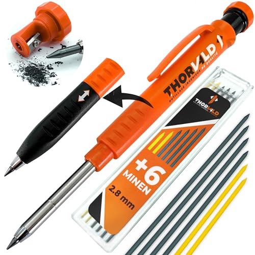 THORVALD Robuster Zimmermannsbleistift mit 7 Minen, Spitzer & Schreibaufsatz – Tieflochmarker Druckbleistift für Handwerker – Perfekt für Baustelle, Holz, Metall & Beton