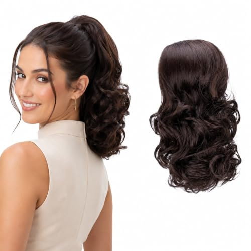 CAISHA 30cm Haarteil Zopf Haarverlängerung Gewellt Schokobraun PH202 | Natürlich Premium Kunsthaar Hitzebeständig Kordelverschluss Pferdeschwanz Ponytail Fake Hair Voluminös Haarstück Lang PH202