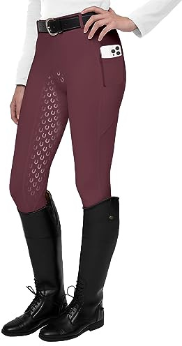 FitsT4 Sports Damen Reitleggings Silikon Vollbesatz Reithose mit Handytasche und Gürtelschlaufen, Burgundisch,M