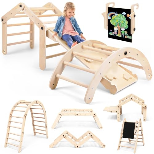 8-in-1 Montessori Klettergerüst Indoor Set, Verformbares Kletterdreieck mit Schultafel, Rutsche & Kletterbogen, Hölzernes Pikler Dreieck zum Baby Klettern, Montessori Spielzeug für Kinder ab 1 Jahr