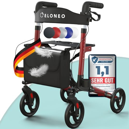 ELONEO Rollator faltbar und leicht mit Sitz, Leichtgewicht-Reiserollator aus Aluminium, Gehhilfe 8-fach höhenverstellbar, Laufhilfe 3-fach faltbar für Kofferraum, Tasche & Schirmhalter Rot