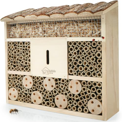 WILDLIFE HOME Bienenhotel Insektenhotel mit Rindendach I Unbehandelt, Bienenhaus aus Massiv-Holz für Bienen, Marienkäfer & Florfliegen, Insektenhaus I Nisthilfe Insektenhotel zum Aufhängen