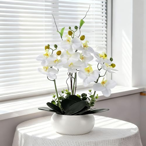 PlusFive Künstliche Orchideen im Topf - Weiße Phalaenopsis Kunstblumen aus Seide, Orchideen künstlich wie Echt für Innendekoration, Tischdekoration, Fensterbank Deko, Dekoration Wohnzimmer (36 cm)