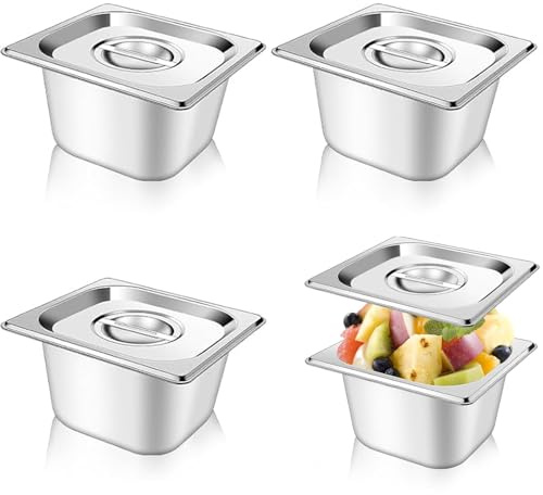 ４ Stück Behälter 1/6 Edelstahl mit Deckel, Catering-Pfannen mit Abdeckung, Ｓtapelbare Frischhaltebehälter, Gastronormbehälter, Warmhaltebehälter Essen, für Koteletts, Schnitzel, Fleisch, Fisch