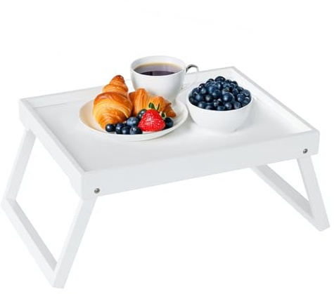 Betttablett Tisch mit klappbaren Beinen, Bambus Frühstück im Bett Essen, Servieren oder Verwendung als Serviertablett, Laptop-Schreibtisch, Snack-Tablett (Weiß)