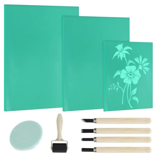 LPZMPZ 9 Stück Linoldruck Set A4 A5 A6 Linoleum Platte, Linolschnitt Werkzeug, PVC Linoleum Schnitzset, Lino Printing Kit für Druckgrafiken Kunsthandwerk DIY