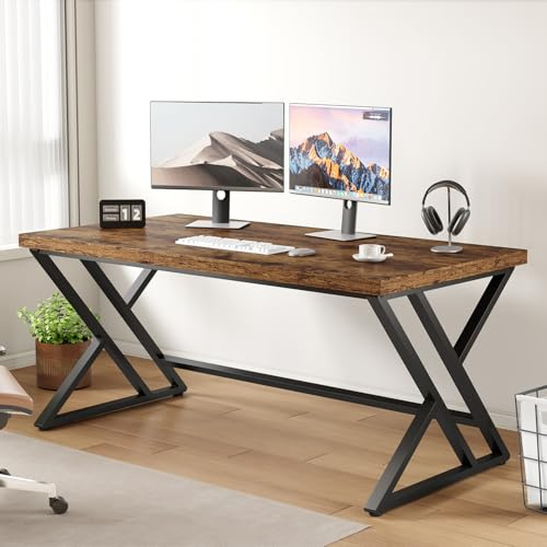 LVB Moderner Computertisch Industrieller Heimbür mit Stauraum, Metall-Holz, Schreibtisch Arbeitszimmer Computertisch für Schlafzimmer einfacher Gaming-Schreibtisch Rustikales Braun