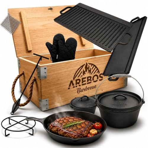 Arebos Dutch Oven Set 9-teilig | Gusseisen BBQ Set | Grillplatte | Pfanne | Feuertopf | Deckelheber | Untersetzer & Zubehör | Outdoor Kochen für Grill | Camping & Lagerfeuer