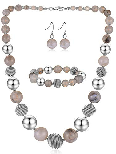 Bulinlin Perlen Damen Schmuck Set Silber Choker Halskette Ohrringe Creolen Statement Modeschmuck Weihnachtsgenchenke für Frauen