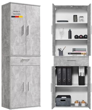 Büroschrank Der Praktische Made in Germany Mehrzweckschrank Grau 60 cm | mokebo aus Holz Schrank mit Schublade Aktenschrank Schuhschrank Flurschrank Allzweckschrank Aufbewahrungsschrank in Beton