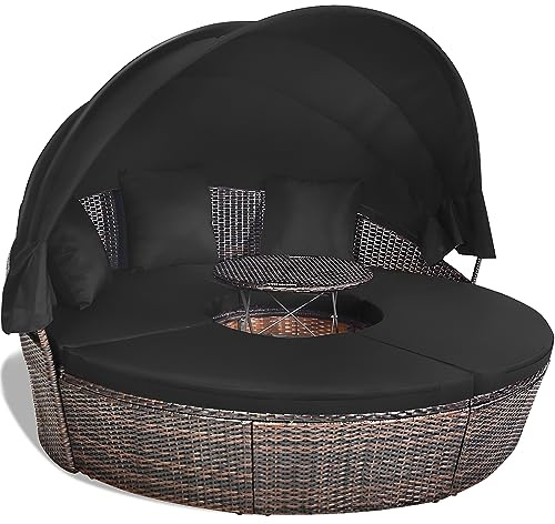 COSTWAY Sonneninsel Outdoor wetterfest, Sonnenliege 2 Personen mit Dach | Gartenliege Rattan mit Tisch, Sitz- und Rückenkissen, Lounge Möbel, 185 cm Liegeinsel für Garten, Terrasse, Schwarz