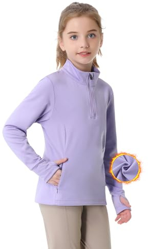 beroy Mädchen-Fleece-Langarm-Shirt, halber Reißverschluss, Thermo-Kinderreit-Shirt, Daumenloch-Taschen, Violett, Large
