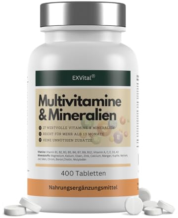 Multivitamin Tabletten - 400 vegane Tabletten, 27 Vitamine & Mineralien, mit Vitamin B Komplex, Vitamin D, Magnesium, Kalium uvm., kein Magnesiumstearat, laborgeprüft und hochdosiert