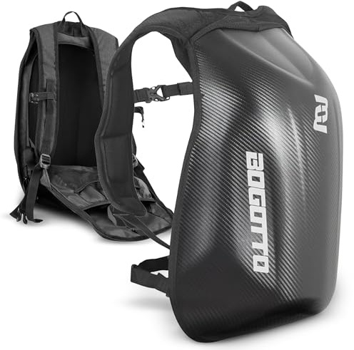 Bogotto Hump Race Carbon Look Motorrad Rucksack mit Hartschalenkonstruktion, Laptopfach 15 Zoll, 24 Liter, Schwarz