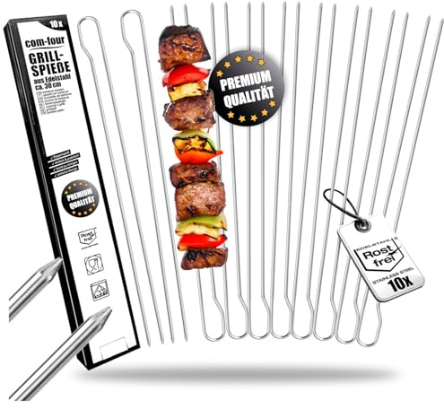 com-four® 10x Grillspieße mit Griff - 30 cm BBQ Doppelspieß aus rostfreiem Edelstahl 430 - Schaschlikspiesse mit Doppelzinken zum Fixieren von Fleisch, Fisch, Gemüse (10 Stück – Edelstahl oval)