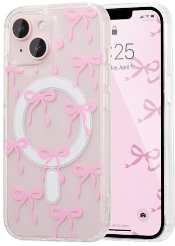 UEEBAI Magnetisch Hülle für iPhone 13/iPhone 14, Niedliche Silikon Tansparent Handyhülle mit Schleife Schutzhülle mit Kabelloses Laden, Weiche Bumper Cover Case für Frauen Mädchen, Rosa