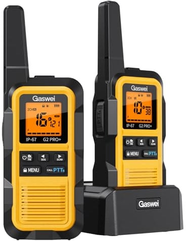 Gaswei G2Pro Professionelle Walkie-Talkies für Erwachsene [IP67 wasserdicht & schwimmfähig] Langstrecken-Funkgerät mit Doppel-PTT, VOX,SOS-Alarm,FM-Radio + Akku für Outdoor, (2er-Set in Gelb)