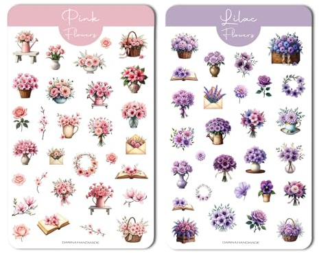 Darina Handmade® Sticker Set Blumen - Florale Sticker für Planer & Journals - Deko-Sticker für Bullet Journal, Scrapbooking, Kalender, Notizbuch (Pink & Lilac Flowers)
