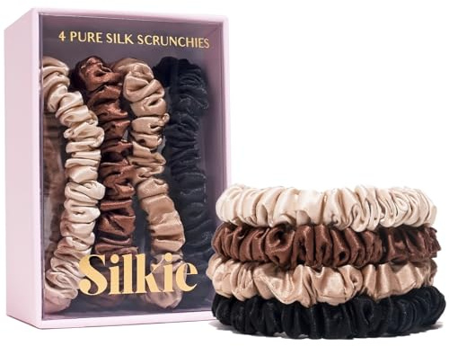 SILKIE 4er-Set 100% reine Maulbeerseide schwarze und braune dünne Haargummis mit Reisebeutel, Haargummis für jeden Tag, Haarpflege, Pferdeschwanzhalter, ohne Haarschäden (Chocolate)