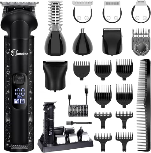 Hatteker Männerpflegeset 8-in-1, Zero-Gap-T-Klinge Trimmer, wasserdichter Trimmer, Haarschneider für Männer, Barttrimmer elektrisch, Kabelloses Männerpflegeset, Elektrischer Rasierer für Männer