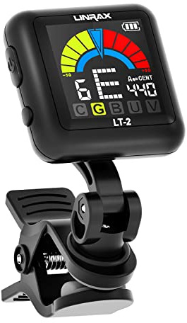 Linrax LT-2 Gitarre Stimmgerät Wiederaufladbar, Clip-On Tuner für Bass, Ukulele, Violine, Banjo, Mandoline, Chromatisches Stimmer mit LCD-Farbdisplay, Digital Stimmgerät, Gitarren Zubehör, Schwarz