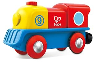 Hape Bunte Lok - Tapfere kleine Lokomotive von Hape mit EIN-/Ausschaltknopf, außergewöhnliche, batteriebetriebene Lokomotive, Lackierung in rot, gelb und blau, Motorikspielzeug ab 18 Monaten