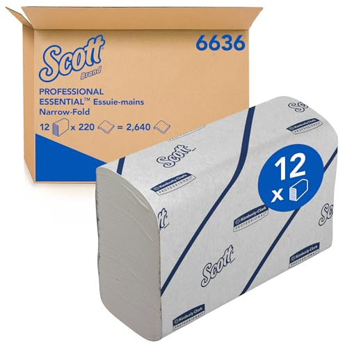 Scott Essential Papierhandtücher – weißes Handtuchpapier mit Narrowfold, effektives Händetrocknen, 100% Recyclingfasern, 12 Clips x 220 Falthandtücher (insges. 2.640 Tücher), Artikel-Nr. 6636