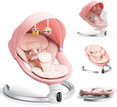 Ixdregan Babywippe Elektrisch - App & Fernbedienung Babyschaukel Elektrisch Mit 3 Timer, 5 Schaukelgeschwindigkeiten, 10 Musik, Bluetooth Verbindung Weich Gepolstert Baby Wippe (APP Rosa)