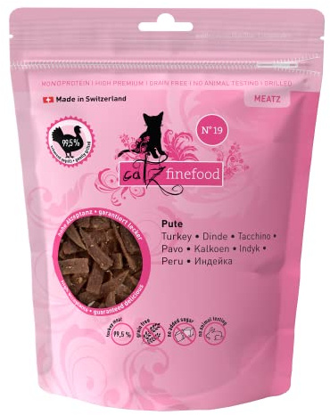 catz finefood Meatz Katzen Leckerlies Pute N° 19 - knusprige Streifen aus 100 Prozent Putenfleisch - Katzensnack für Allergiker ohne Zucker, getreidefrei (1 x 45 g)