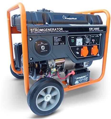 KnappWulf Generator Stromerzeuger KW3400E Stromaggregat Notstromaggregat 3000W mit Elektro Starter inkl. Batterie 2x230V, 1x12V, Ölmangelsicherung AVR Industrie Kunststofftank 15L