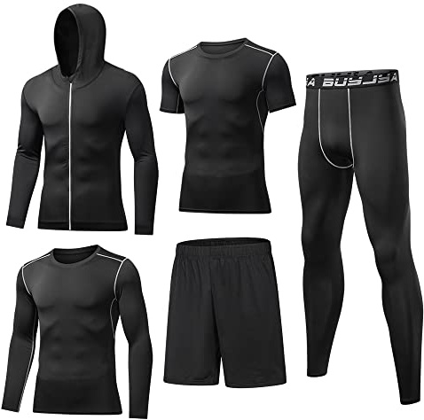 BUYJYA 5-teiliges Herren-Kompressionshose, Shirt, Oberteil, langärmelig, Sport-Sets, Fitnessstudio, Kleidung, Herren-Workout
