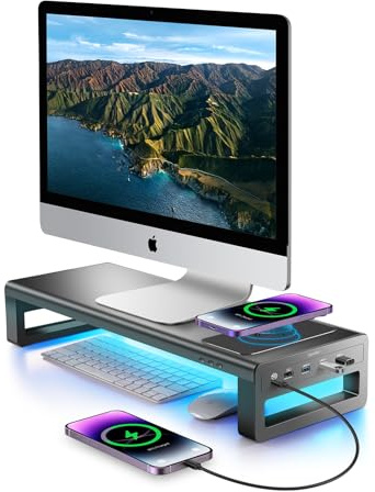 Vaydeer Monitorständer für 2 Monitore mit 4 USB-Anschlüssen aus Aluminium | kabelloses Laden, für Monitore bis 32 Zoll, für PC und Laptop, Schwarz
