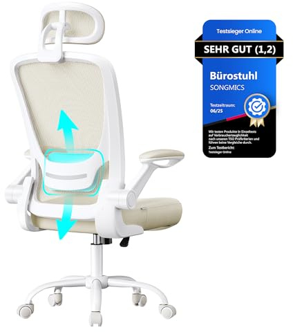 SONGMICS Bürostuhl ergonomisch, Drehstuhl mit Mesh, Lenden- und Kopfstütze, Wippfunktion, 53 cm große Sitzfläche, klappbare Armlehnen, Arbeits- und Schlafzimmer, Studenten, cappuccinobeige OBN047K01