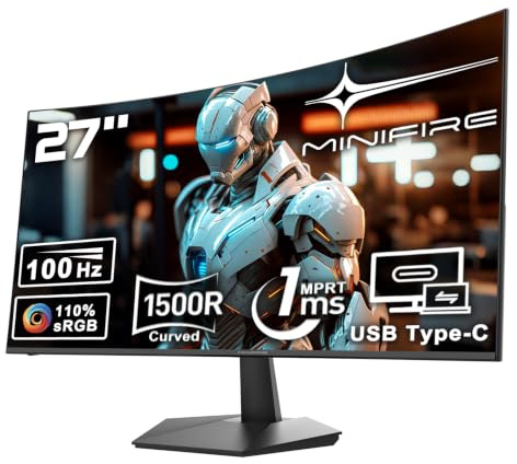 Minifire Curved Monitor 27 Zoll 100Hz, PC Bildschirm mit Lautsprecher-1500R FHD (1920 x 1080p) VA Panel, MPRT 1ms, sRGB110%, Less BlueLight, HDMI 1.4, Type-C 2.5W, unterstuitzt VESA - Schwarz