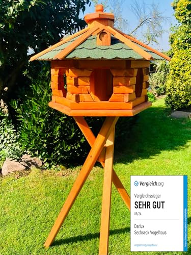 DARLUX Handgefertigtes Sechseck Vogelhaus aus Holz wetterfest M - XXL mit und ohne Ständer I Futterhaus I Futterhäuschen I wetterfest I Bitumdach (Größe XL mit Ständer, Grün - Braun)