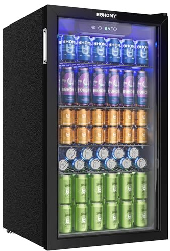 EUHOMY 90L Getränkekühlschrank, Mini-Kühlschrank für 126 Dosen mit Glastür, kleiner Kühlschrank mit verstellbaren Regalen für Limonade, Bier oder Wein, für Zuhause/Bar/Büro, Schwarz Edelstahl