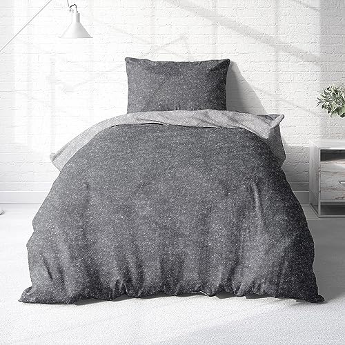 Träumschön Biber Bettwäsche Set 2tlg 135x200 cm + 80x80 cm – Flauschige Bettwäsche Grau – Weiche Winterbettwäsche - Atmungsaktiv, Warm & Hautfreundlich - 100% Baumwolle