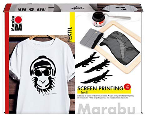 Marabu 1703000000082 - Textil Screen Printing Set, Siebdruckset für helle und dunkle Textilien mit 100 ml Druckfarbe in schwarz, einem Siebrahmen, einem Rakel und einem Malmesser