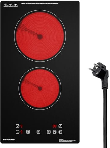 Domino Glaskeramikkochfeld, FIREGAS Einbauherde Glaskeramik Elektrisches Kochfeld, 3000W, 9 Leistungsstufen, Sensor-Touch-Steuerung, Kindersicherung,1-99 Mi Timer, Kochfeld 2 Platten