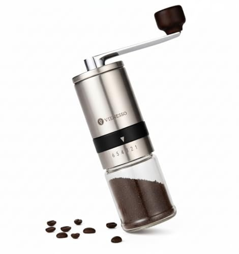 VIENESSO Kaffeemühle manuell aus Edelstahl - Handkaffeemühle mit Keramikmahlwerk & 6 Mahlstufen | kompakte Kaffeemühle für Espresso & Filterkaffee | ideal für zu Hause & frische Kaffeebohnen