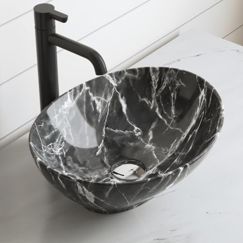 DeerValley Aufsatzwaschbecken Oval Marmoroptik in Schwarz-Weiß 40x33x14,5cm | Waschbecken im modernen Art-Deco-Stil, glasiert und leicht zu reinigen für Badezimmer oder Gäste-WC geeignet