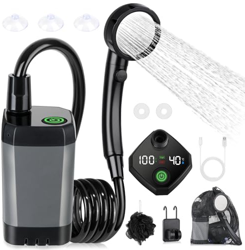 Spopal Campingdusche Tragbare, [6000mAh] Camping Dusche mit Pumpe und Temperaturanzeige, Camping Dusche Outdoor Set mit Duschkopf und 2M Schlauch für Garten, Autowaschen, Strand, Reisen, Haustier