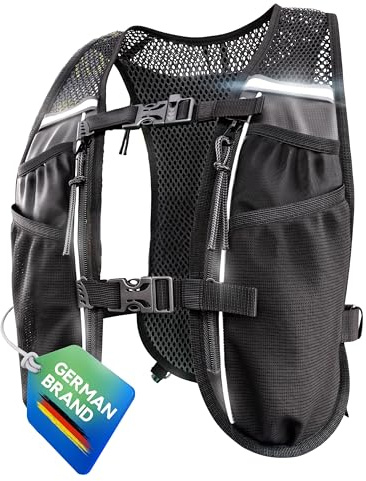 SASMO® Laufweste Damen & Herren 5L | Running Vest - Ultraleicht 270g & atmungsaktiv| Laufrucksack Damen - 8 Taschen | Laufweste Herren | Trinkweste Laufen (schwarz, 5L)
