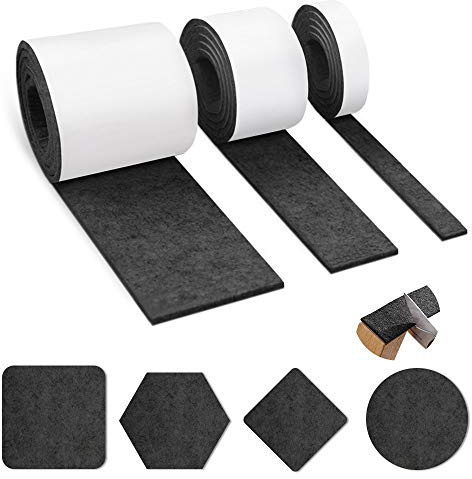 Auckpure Filzgleiter selbstklebend, 3 Rollen, Filzgleiter, schwarzer Filz, 100 cm x 10 cm, 100 cm x 5 cm, 100 cm x 2 cm, Möbelgleiter, Tisch- und Stuhlschutzschicht, Stuhlfilzgleiter